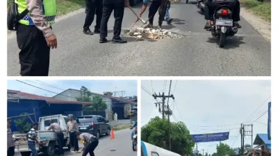 Jalan Berlubang di Hamparan Perak Ditambal, Antisipasi Laka Lantas