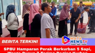SPBU Hamparan Perak Berkurban 5 Sapi, Warga Dusun 7 Terima Daging Kurban